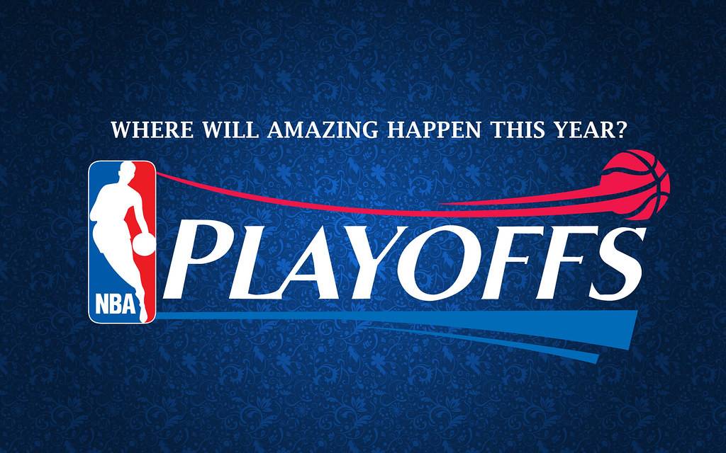 NBA logo with "Playoffs" in all capitals and "where will amazing happen this year" in white letters